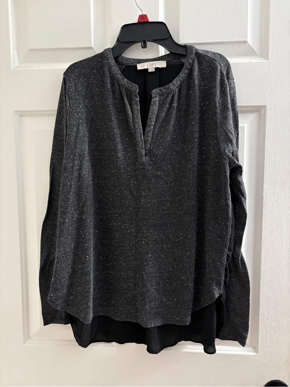 LOFT Charcoal Speckled Long-Sleeve Split-Neck Top
